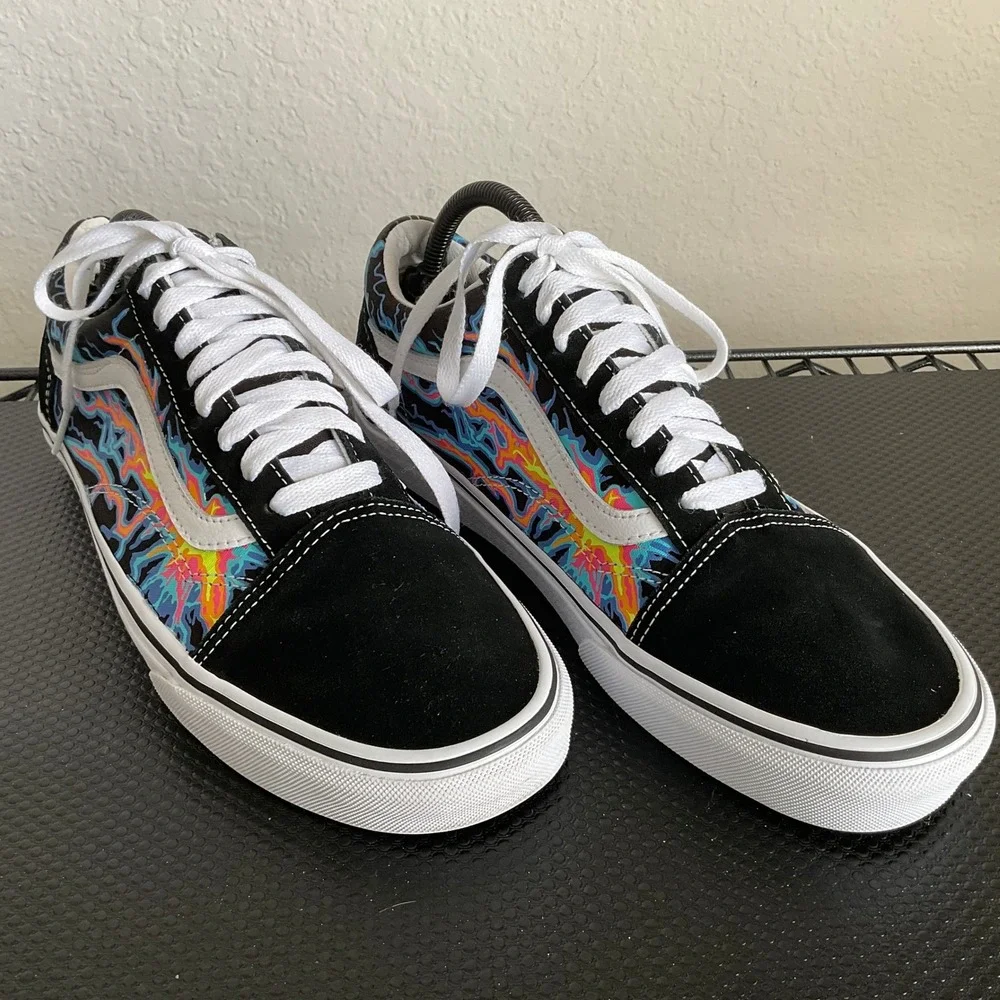 Vans Old Skool Black Multi Color Lightning Flame Skate Shoes Mens 9.5 Womens 11